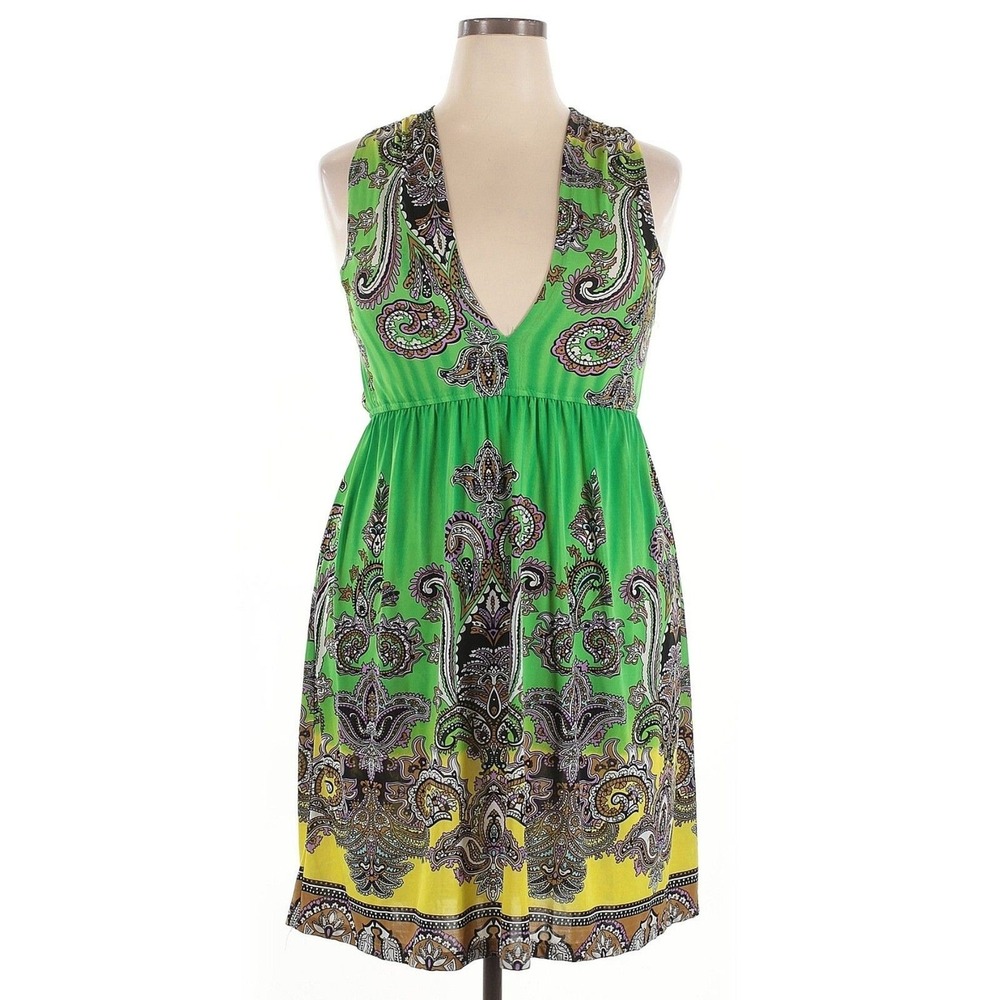 Shana Dress Women XXL Green Paisley‎ Silky Stretch Deep V Goddess Empire Waist